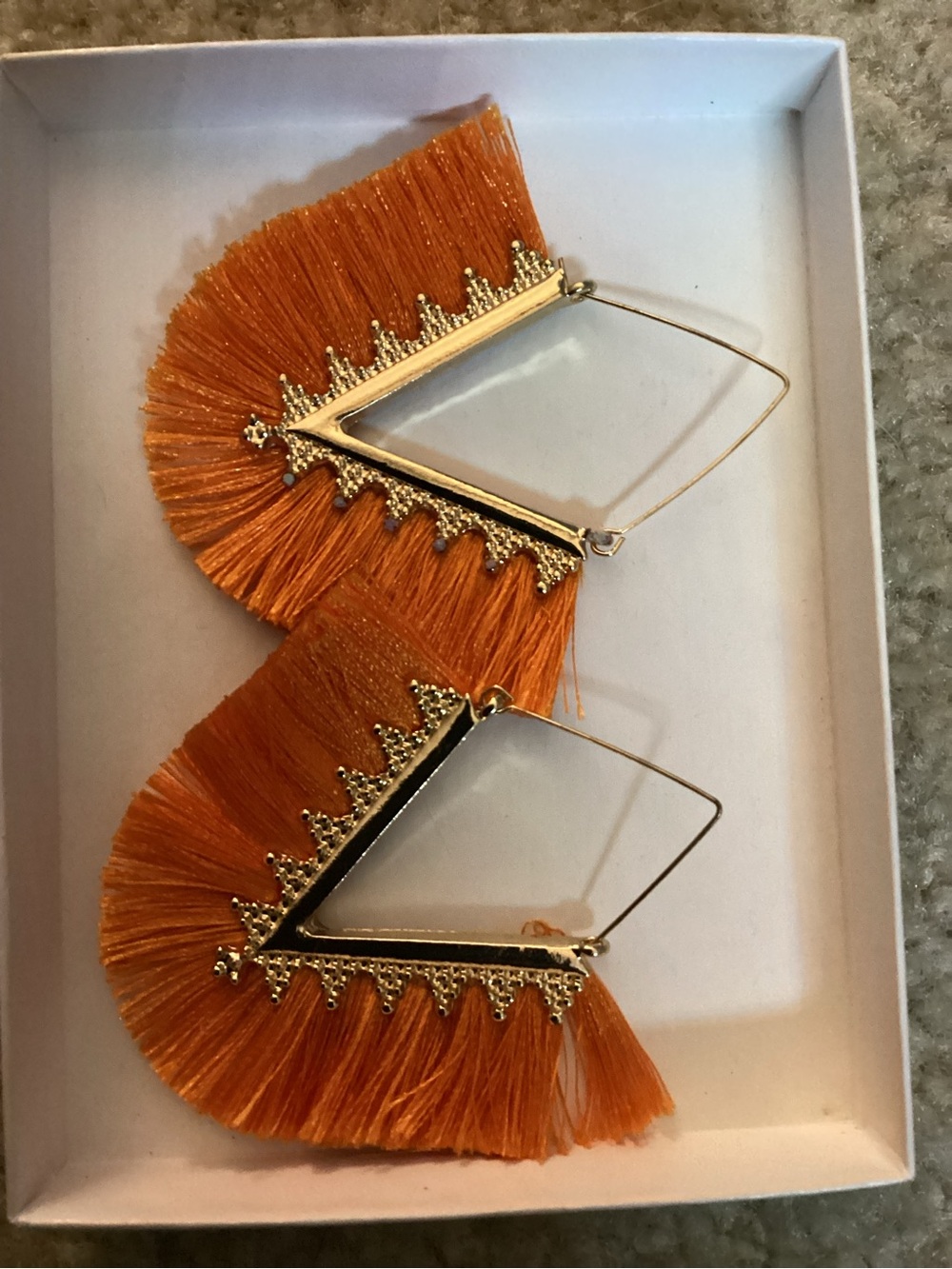 Orange Fringe Hoop Earrings with Gold Trim - Women Jewelry Earrings
